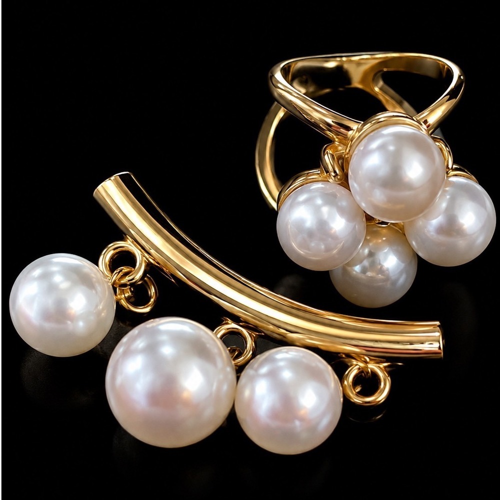 Vintage Gold Tone Faux Pearl Brooch and Cluster Ring Jewelry Set Elegant Sz 9